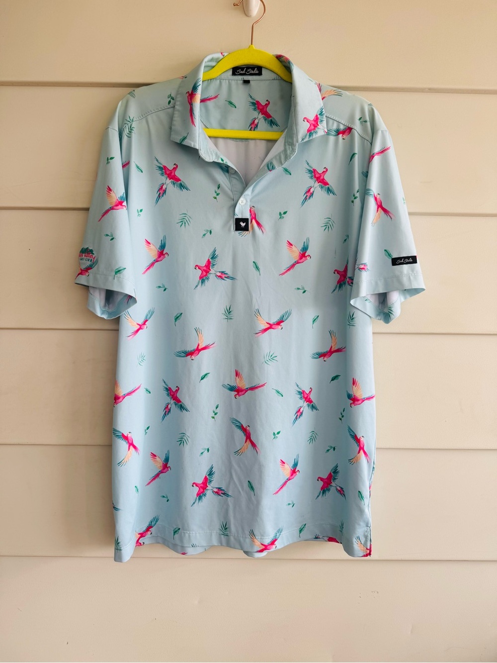 Bad Birdie Light Blue Polo with Pink & Teal Parrot Print 2XL